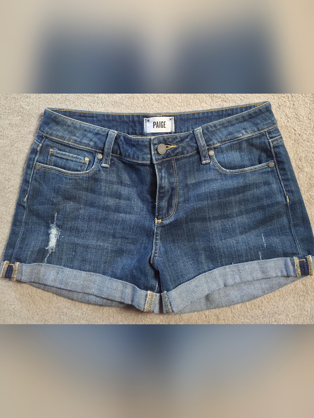 PAIGE Dark Blue Cuffed Denim Shorts